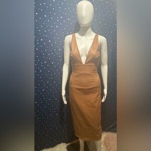 Susana Monaco Brown Plunge Neck Leather Texture Dress